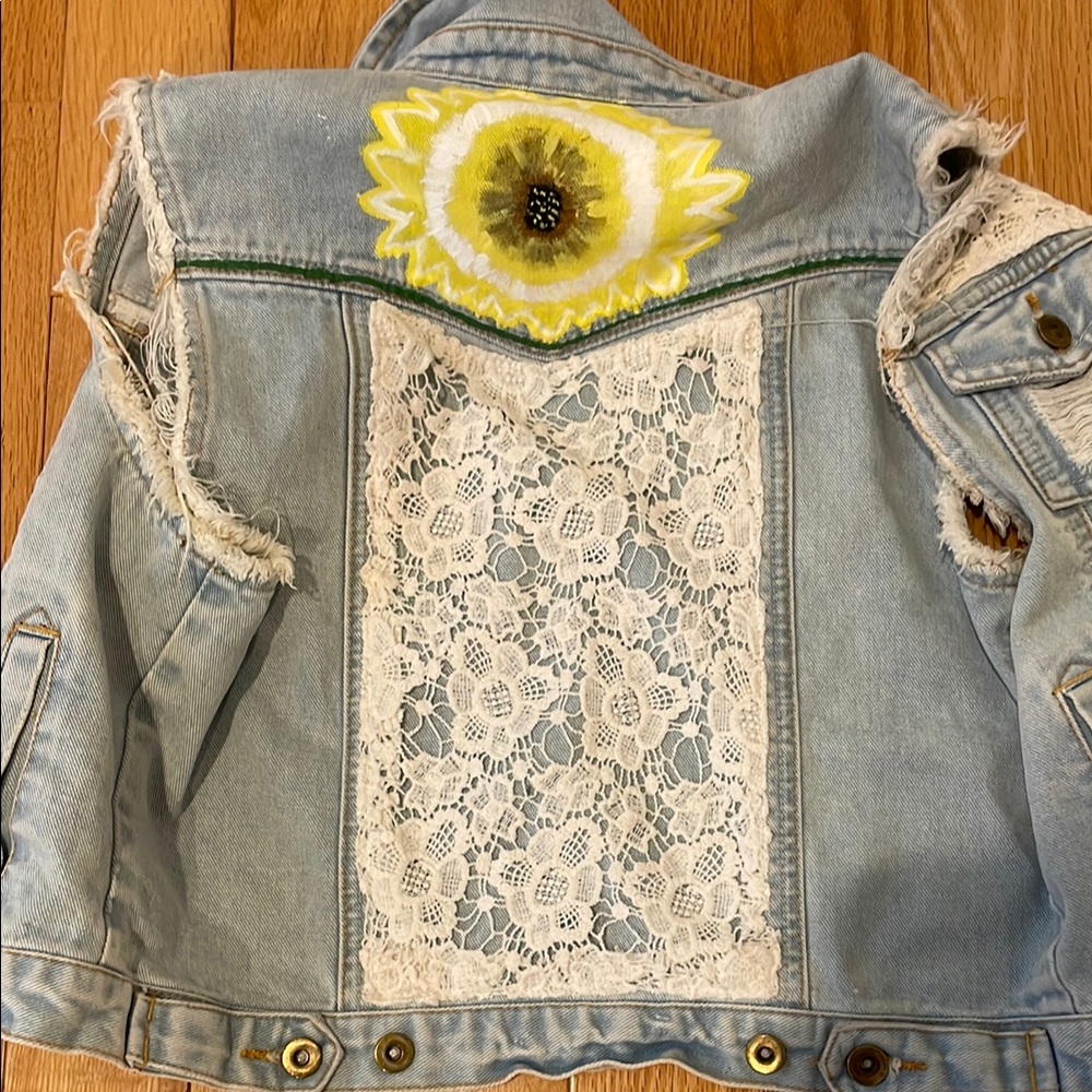 Angie Light Blue Denim Vest with Lace Accents
